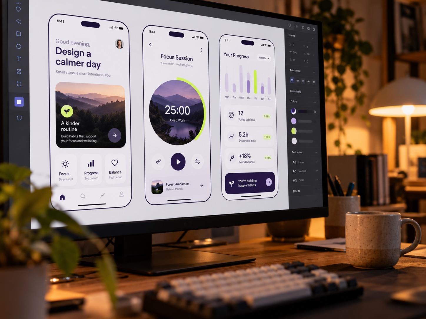 Monitörde bir mobil uygulamanın yan yana üç ekran tasarımı
